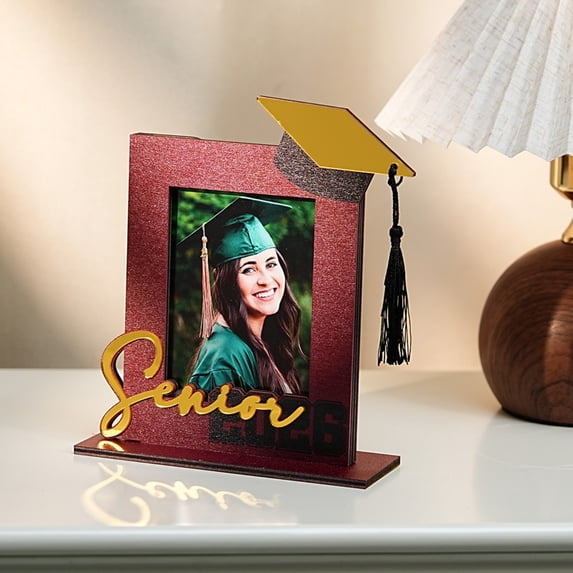 2026 Graduation Photo Frame, Wooden Senior Photo Holder with Grad Cap, Desktop Commemorative Picture Frame, Graduation Keepsake Display Stand, 8.27 x 7.87 Inch