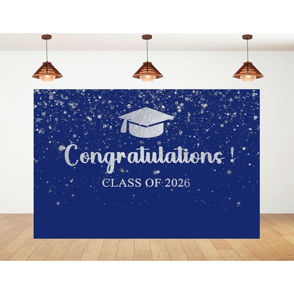 2026 Graduation Photography Backdrop Navy Blue and Silver Glitter Design Background with Congratulations for School Graduation Ceremony Party Decorations Banner Photo Studio Props
