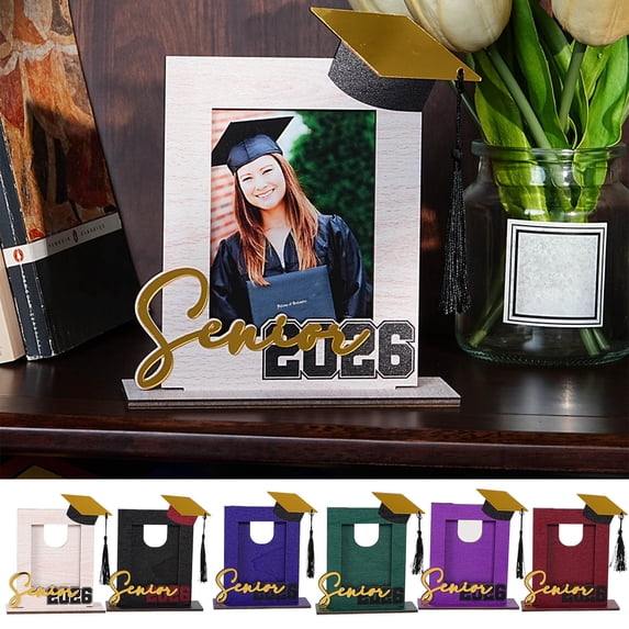 2026 Graduation Picture Frame for Desk Display, Vertical Wooden Photo Frame with Cap and Tassel Décor, Tabletop Graduation Gift for Seniors, Students and Family