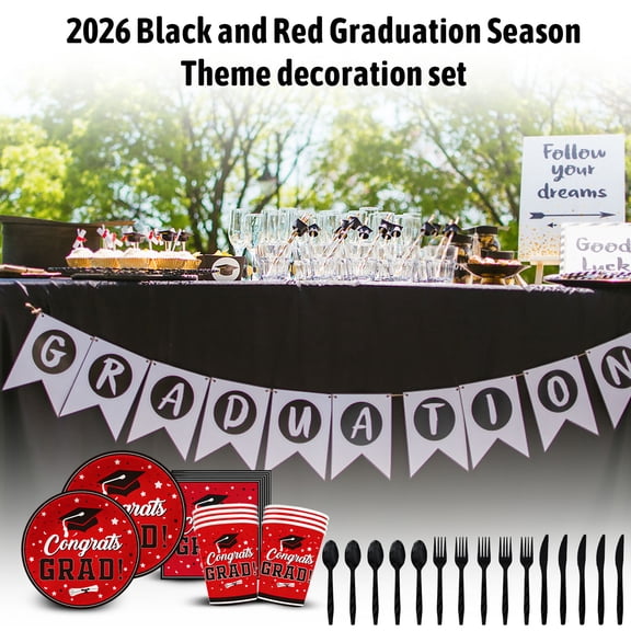 2026 Graduation Plates and Napkins – Red Graduation Decorations Class of 2026 Disposable Paper Plates, Napkins and Forks for Congrats Grad Party Decorations(A Black 10Pcs)