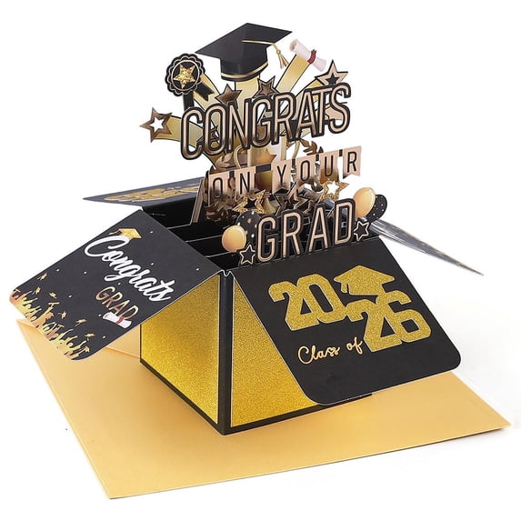 2026 Graduation Pop Up Card Box 3D Greeting Card Black Gold Gift Card with Envelope and Message Card Keepsake Decoration
