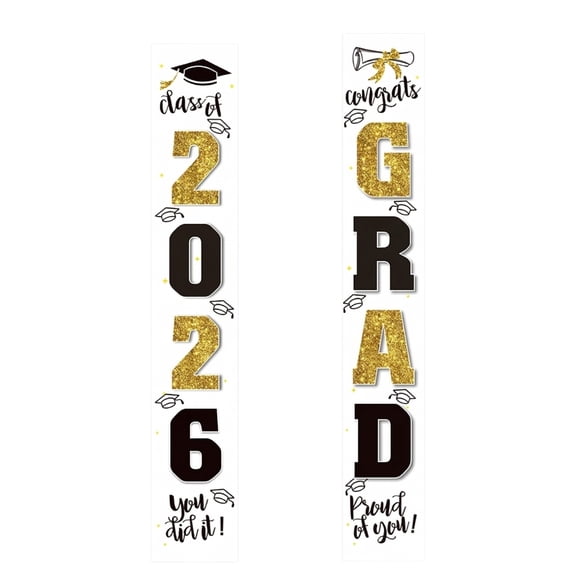 2026 Graduation Porch Banners, Congrats Grad Hanging Door Signs, Class of 2026 Graduation Party Decorations for Indoor Outdoor Front Porch Home, Black and Gold Set of 2