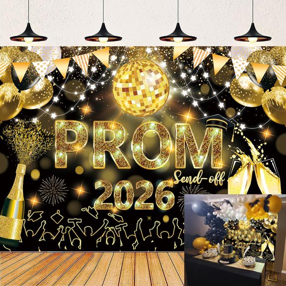 2026 Graduation Prom Backdrop Celebration Graduation Black Gold Glitter Disco Ball Send Off Background School Class of 2026 Prom Night Party Decorations Banner Supplies Photo Booth Props