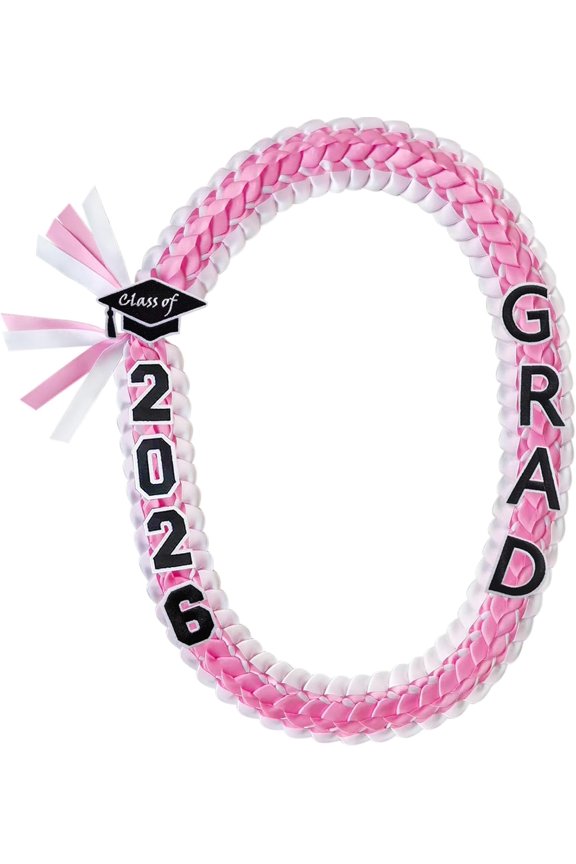 2026 Graduation Ribbon Leis, Class of 2026 Bracelets, Handmade Double Braided GRAD Leis Bracelets, Graduation Leis Accessories for High School College GRAD Party Supplies,Pink and White