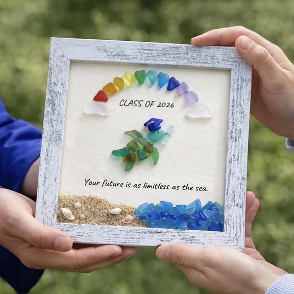 2026 Graduation Sea Glass Art Frame, Handcrafted Turtle with Grad Cap Framed Decor, Shadow Box with Inspirational Quote, Grad Keepsake Gift, Party Favor Decor for Wall or Tabletop Display
