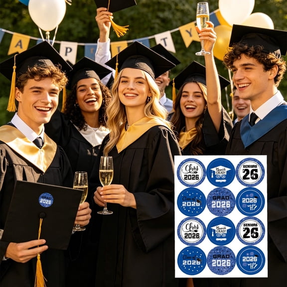 2026 Graduation Stickers, Round Grad Congrats Seals with Cap & Diploma Designs, Blue Adhesive Labels for Invitations, Envelopes, Party Favors, Candy Jars, Gift Bags and Graduation Decorations
