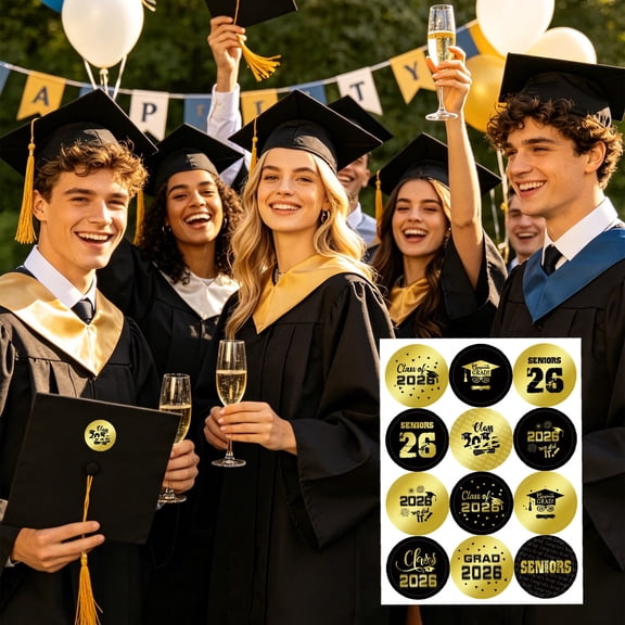 2026 Graduation Stickers, Round Grad Congrats Seals with Cap & Diploma Designs, Gold Adhesive Labels for Invitations, Envelopes, Party Favors, Candy Jars, Gift Bags and Graduation Decorations
