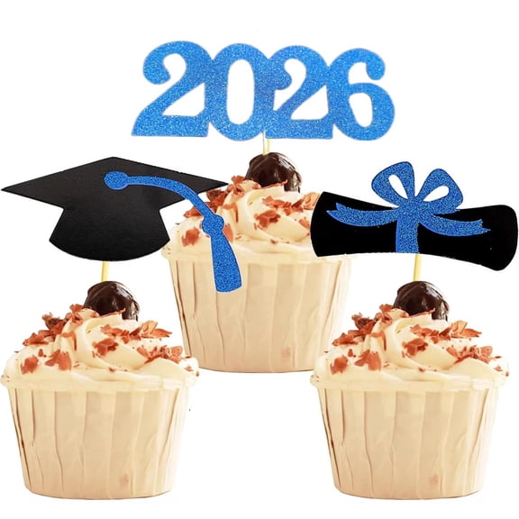 2026 Graduation Theme Cupcake Toppers,Graduation Party Mini Cake Decorations Diploma Grad Glitter Class of 2026 Graduation Cap Diploma Cupcake Picks - Set of 12 (Blue)