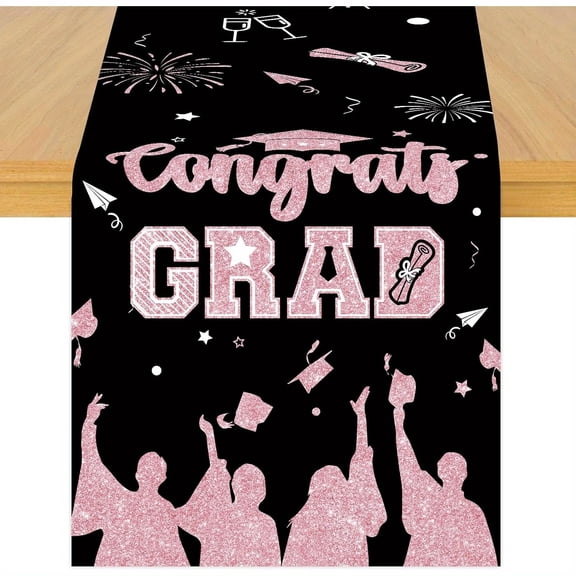 2026 Graduation Theme Table Runner, Green Black Congrats Grad Linen Fabric Table Runner for Everyday Use 72 x 13 Inches Washable Table Cover for Indoor Outdoor Kitchen Dining Table Home Decor