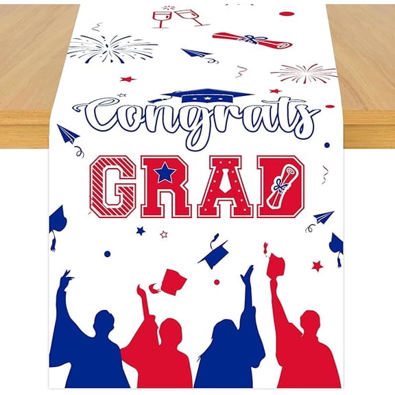 2026 Graduation Theme Table Runner, Red Blue Congrats Grad Linen Fabric Table Runner for Everyday Use 72 x 13 Inches, Washable Table Cover for Indoor Outdoor Kitchen Dining Table Home Decor