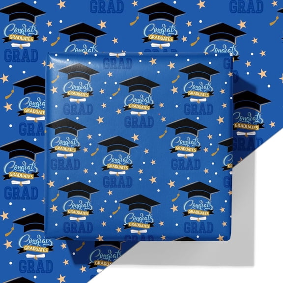 2026 Graduation Wrapping Paper - Blue and Gold Gift Wrapping Paper With Black Mortarboard Caps,Congratulations Design Perfect for Graduation Party Celebration - 20 x 29 Inch, 6 Folded Sheets