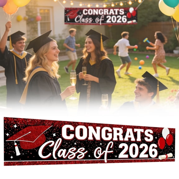 2026 Graduation Yard Banner, 2026 Graduation Decorations, Graduation Banner, Class of 2026 Congrats Grad Glitter Decor, Outdoor Graduation Party Banner for College Porch Yard Decor Red 1Pcs