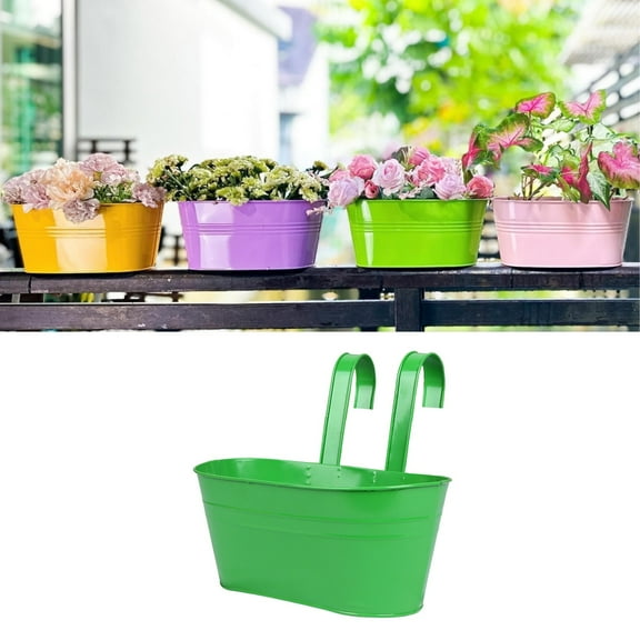 2026 Green Metal Hanging Flower Pot – Outdoor Balcony Rail Planter with Detachable Hooks for Herbs, Flowers & Veggies