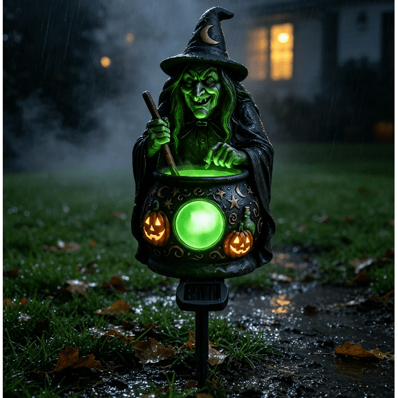 2026 Green Resin Witch Cauldron Solar Garden Stake Light, LED Glowing Halloween Lights, Outdoor Halloween Decorations, Halloween Home Decor for Yard Lawn Patio Halloween Party Decorations