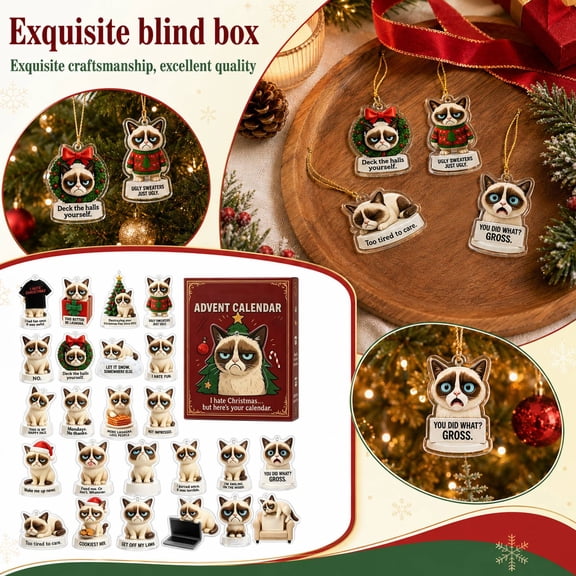 2026 Grumpy Cat Advent Calendar, 24 Days Funny Acrylic Christmas Ornaments, Mini Hanging Charms & Desk Decor for Cat Lovers, Unique Holiday Countdown Gift