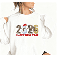 thumbnail image 1 of 2026 HAPPY NEW YEAR Snowman Leopard Graphic Casual Tee T-Shirt Print Top Round-neck long-sleeved White S-3XL, 1 of 5