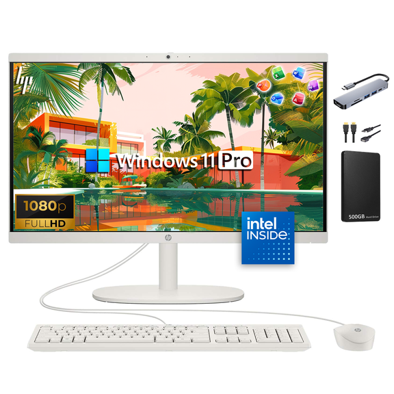 2026 HP 21.5" FHD All-in-One Desktop Computer, Intel N100, 8GB RAM, 628GB Storage (128GB UFS+500GB Ext), MS Office Suite for Business & Student, Win 11 Pro, MarxsolAccessory