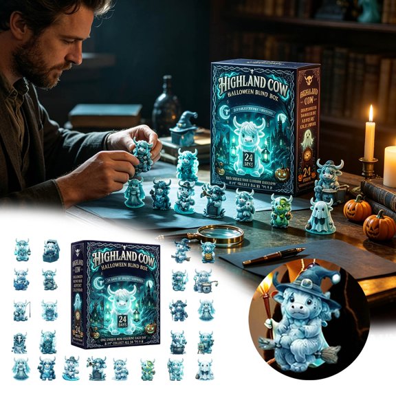 2026 Hallo-ween Advent Calendar 24 Pcs Highland Cow Ghost Mini Figurines Countdown Blind Box Gift Set