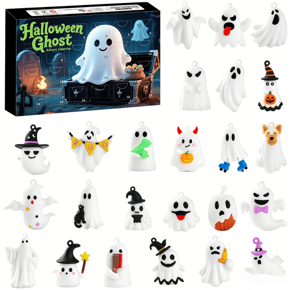 2026 Halloween 24-Day Surprise Ghost Gift Box Set, 24 Collectible Ghost Ornaments Interactive Holiday Decor Kit for Kids