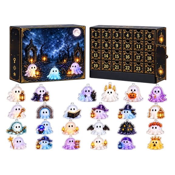 2026 Halloween Advent Calendar, 24-Day Countdown Surprise Box with Illuminated 2D Flat Ghost Lantern Charms & Blind Box Reveal, Spooky Holiday Decor Collectible Set for Adults