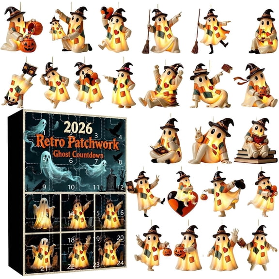2026 Halloween Advent Calendar, 24 Days Countdown Patchwork Ghost 2D Acrylic Pendants, Charms Spooky Cute Ornament Set for Fall Home Decor Teen Adult Holiday Party Favors