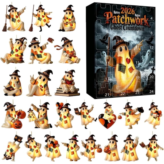 2026 Halloween Advent Calendar, 24 Days Countdown Patchwork Ghost 2D Acrylic Pendants, Charms Spooky Cute Ornament Set for Fall Home Decor Teen Adult Holiday Party Favors