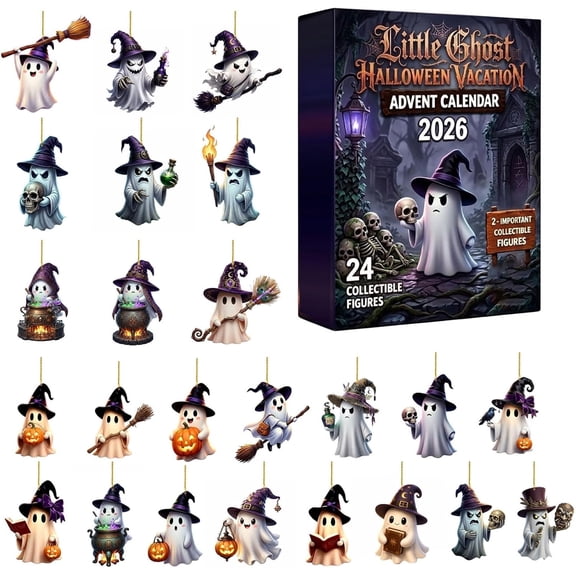 2026 Halloween Advent Calendar - 2D Acrylic Ghost Hanging Ornament Set, Lighted Display Frame Spooky Decoration for Home Party Indoor Window Decor (Black)
