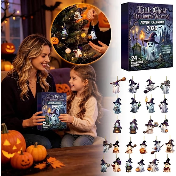 2026 Halloween Advent Calendar, 2D Acrylic Ghost Hanging Ornament Set, Lighted Display Frame Spooky Decoration for Home Party Indoor Window Decor (Black)