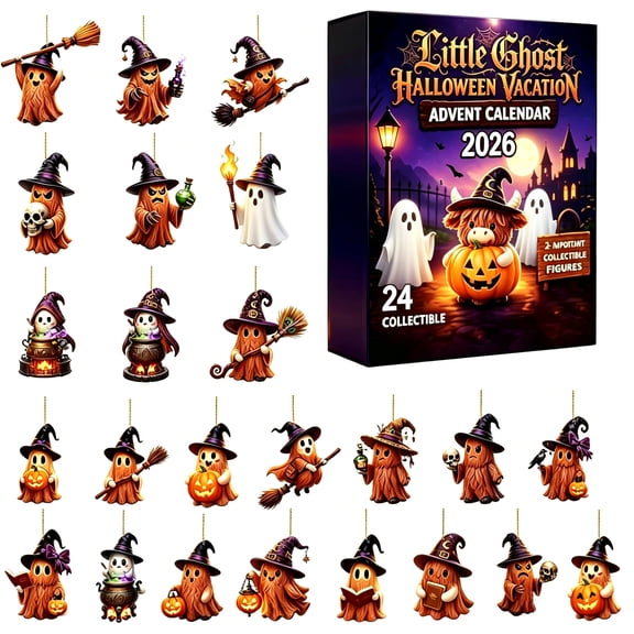 2026 Halloween Advent Calendar Blind Box - 24 Days Acrylic Ornament Countdown Kit with Cute 2D Ghost Witch Pumpkin & Broom, Spooky Gift for Home Party Decor
