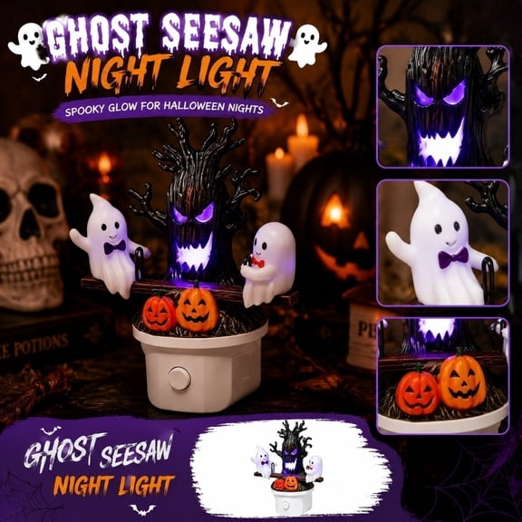 2026 Halloween Animated Seesaw Ghost LED Night Light,1pcs Lighted Ghost On Seesaw Night Light, Plug-in 3D Glowing Lamp with Spooky Tree & Pumpkin Design, for Bedroom, Hallway