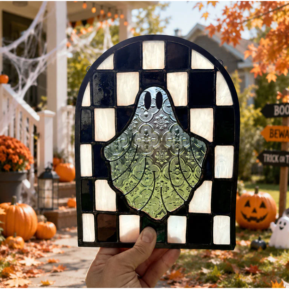 2026 Halloween Arched Checkered Ghostie Stained Glass Suncatcher  Gothic Window Hanging Decor Stained Glass Style Window Hanging Decor