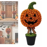 2026 Halloween Artificial Pumpkin with Bow Topiary Tree, 27.56" Jack-O-Lantern Potted Boxwood Topiary Tree, Thanksgiving Faux Autumn Harvest Decor for Front Porch & Hom