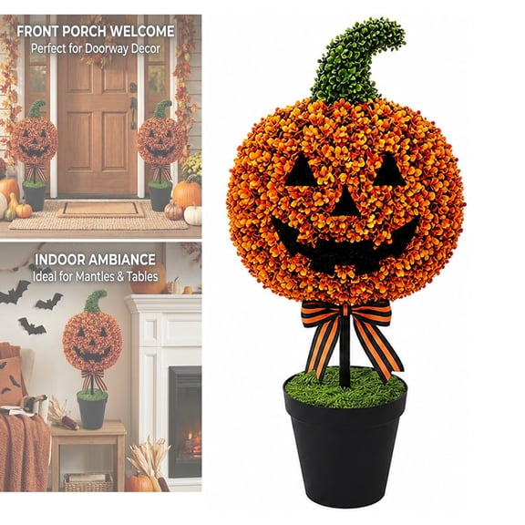 2026 Halloween Artificial Pumpkin with Bow Topiary Tree, 27.56" Jack-O-Lantern Potted Boxwood Topiary Tree, Thanksgiving Faux Autumn Harvest Decor for Front Porch & Hom