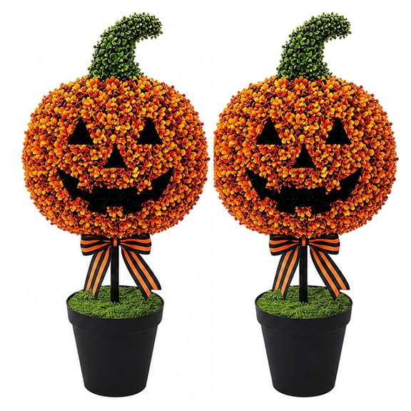 2026 Halloween Artificial Pumpkin with Bow Topiary Tree, 27.56" Jack-O-Lantern Potted Boxwood Topiary Tree, Thanksgiving Faux Autumn Harvest Decor for Front Porch & Hom
