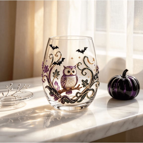 2026 Halloween Artisan Glassware Collection, Witchy Gothic Goblet Set with Pumpkin Skull Ghost Motifs, Enchanted Home Bar Decor, Spooky Candlelit Party Glass (Forest Owl)