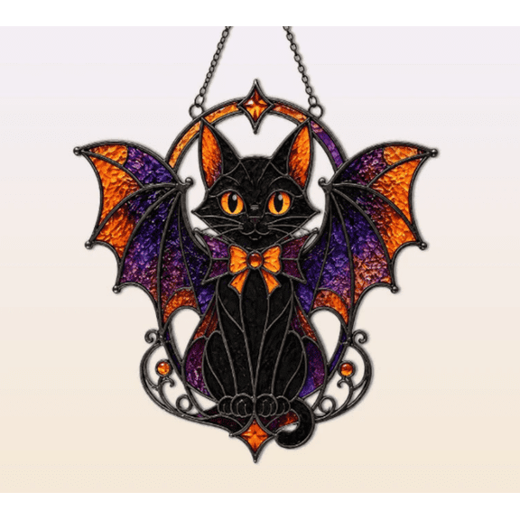 2026 Halloween Bat Cat Stained Glass Suncatcher – Gothic Window Hanging Decor Hanging Cat Lover Gift