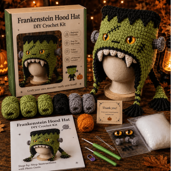2026 Halloween DIY Crochet Hood Collection - Create Your Own Spooky Character Before It’s Gone! Step-by-Step Tutorial DIY Crochet Kit for Adult Craft Activities Frankenstein Monster Hood