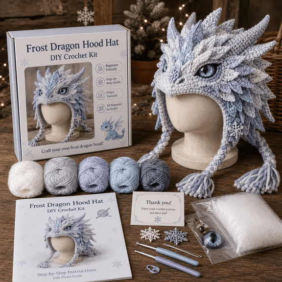 2026 Halloween DIY Crochet Hood Collection - Create Your Own Spooky Character Before It’s Gone! Step-by-Step Tutorial DIY Crochet Kit for Adult Craft Activities Frost Dragon Hood Hat