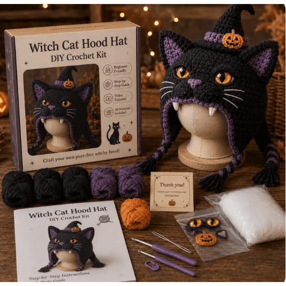 2026 Halloween DIY Crochet Hood Collection - Create Your Own Spooky Character Before It’s Gone! Step-by-Step Tutorial DIY Crochet Kit for Adult Craft Activities Witch Cat Hood