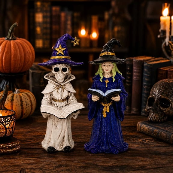 2026 Halloween Decorations Reading Witch Figurine Resin Skeleton Statue Spooky Goth Home Bookshelf Office Desktop Ornament,B