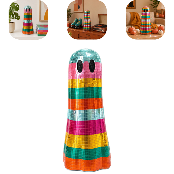 2026 Halloween Disco Ghost Decorations,7" Rainbow Prism Light Mirror Glitter Ghost Ornament,Spooky Tiered Tray Tabletop Decor for Halloween Holiday Home Party Prop Decor
