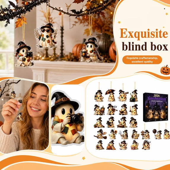 2026 Halloween Ghost Countdown Advent Calendar, 24Pcs Collectible 2D Acrylic Witch Ornaments, Easy Hang Pendant Set For Indoor Autumn Fall Harvest Halloween Landscape Decoration