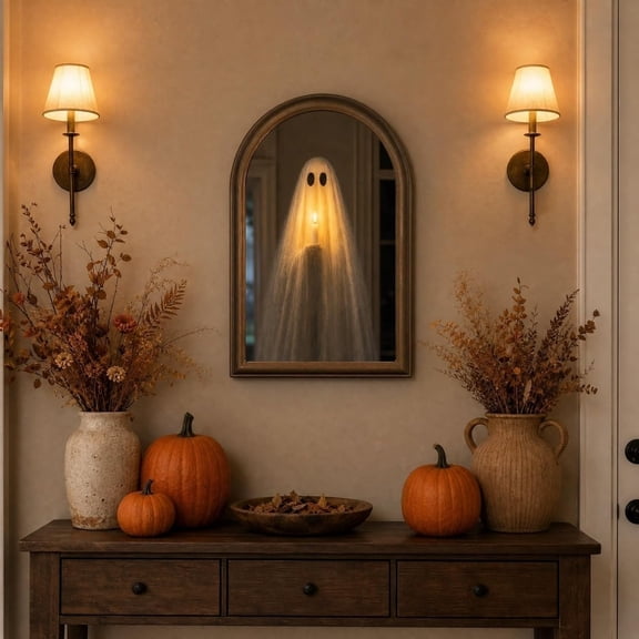 2026 Halloween Ghost Mirror with Wood Flame 13"X11" Hologram Spooky Mirror,Halloween Decor for Indoor Spaces, Bedroom, Kitchen, and Fireplace Decoration