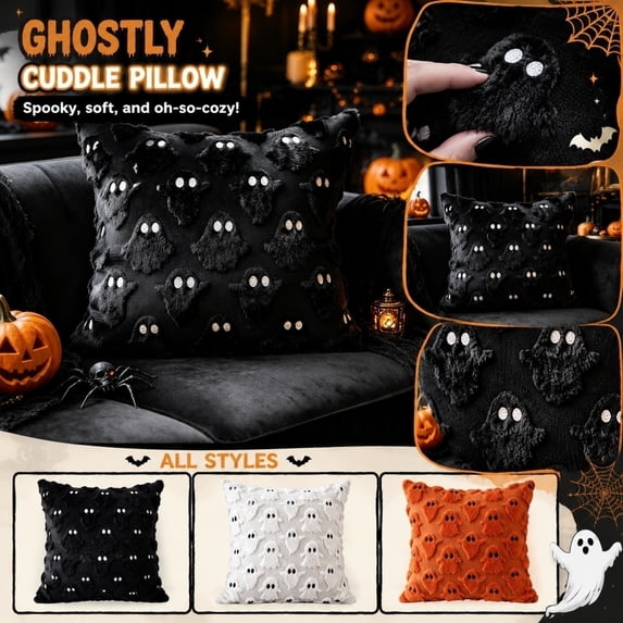 2026 Halloween Ghost Pillow Covers 18x18 Inch Soft Plush Faux Wool Textured Throw Pillow Covers Cute 3D Ghost Decorative Cushion Cases for Couch Sofa Bedroom Home Decor