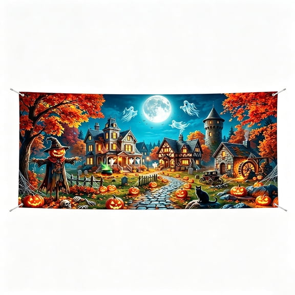 2026 Halloween Indoor Decorations Halloween Garage Door Cover Spooky Ghost Pumpkin Castle Garage Cover Horror Party Outdoor Door Decor
