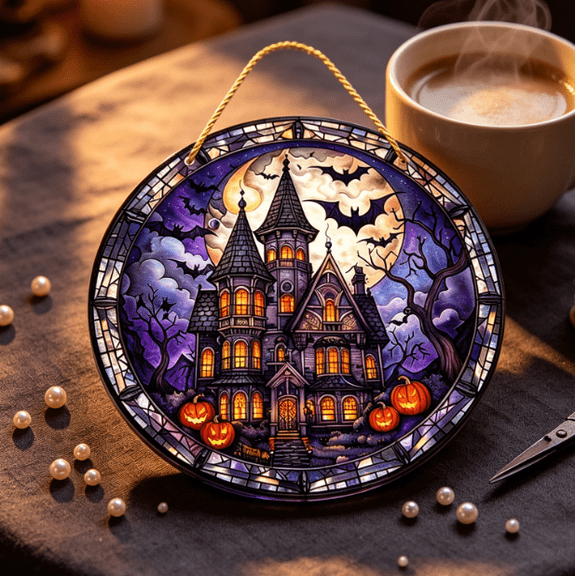 2026 Halloween Pearl Diamond Art Hanging Ornament Kit, Xmas Pearl Diamond Art Ornament Kit | DIY Holiday Hanging Decor, Double-Sided Display, Relaxing & Beginner-Friendly (Haunted Castle)