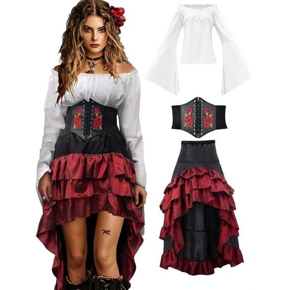 2026 Halloween Pirate Costume Women, Fancy Dress Cosplay Costumes Set with Renaissance Pirate Shirt Skirt Corset Waist Belt