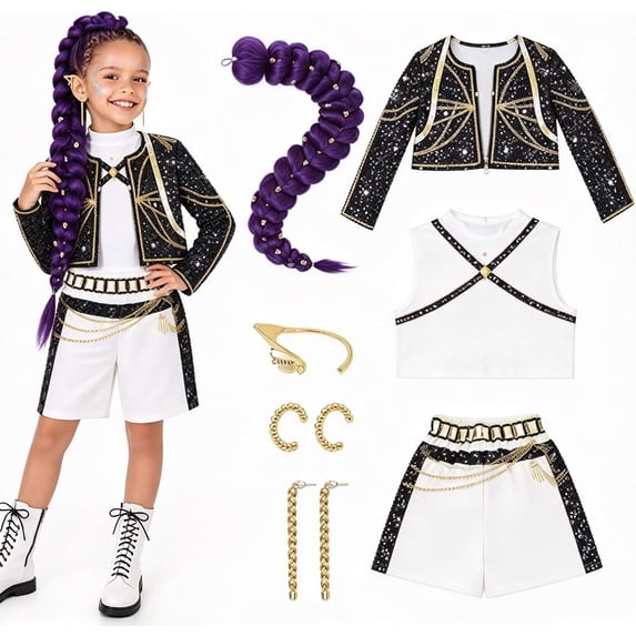 2026 Halloween Pop Idol Singer Cosplay Costume for Girls, Fashion Dance Performance Outfit Set with Black Top & White Shorts Set, Halloween Birthday Party Dress for Role Play Stage Performance, 120