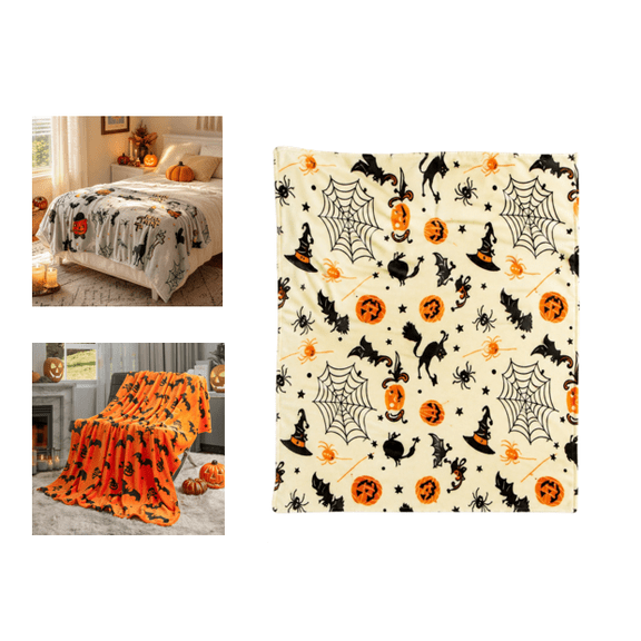 2026 Halloween Pumpkin Spooky Blanket Bats Hat Spider Webs Print Gifts for Women Kids Girls Boys Home Bedroom Living Room Decor Soft Cozy All Saints' Day Throw Blankets D