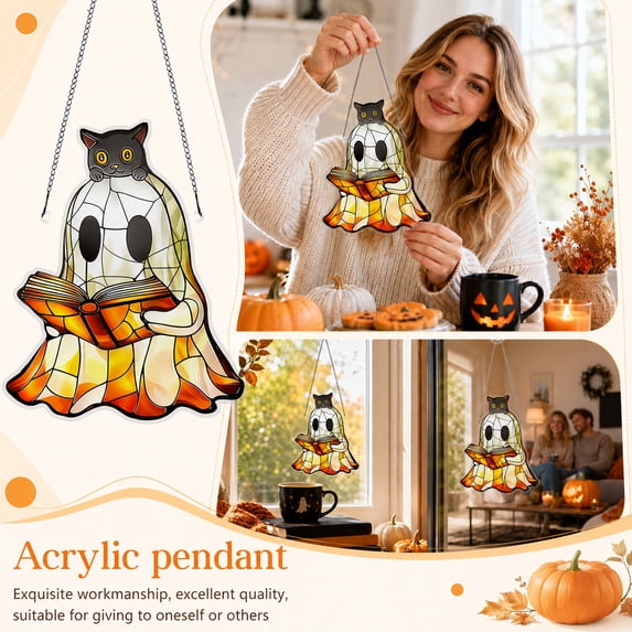 2026 Halloween Reading Ghost Acrylic Suncatcher , Summerween Decor Signs for Window Hanging Ornament, Art Garden Decor for Book Lover